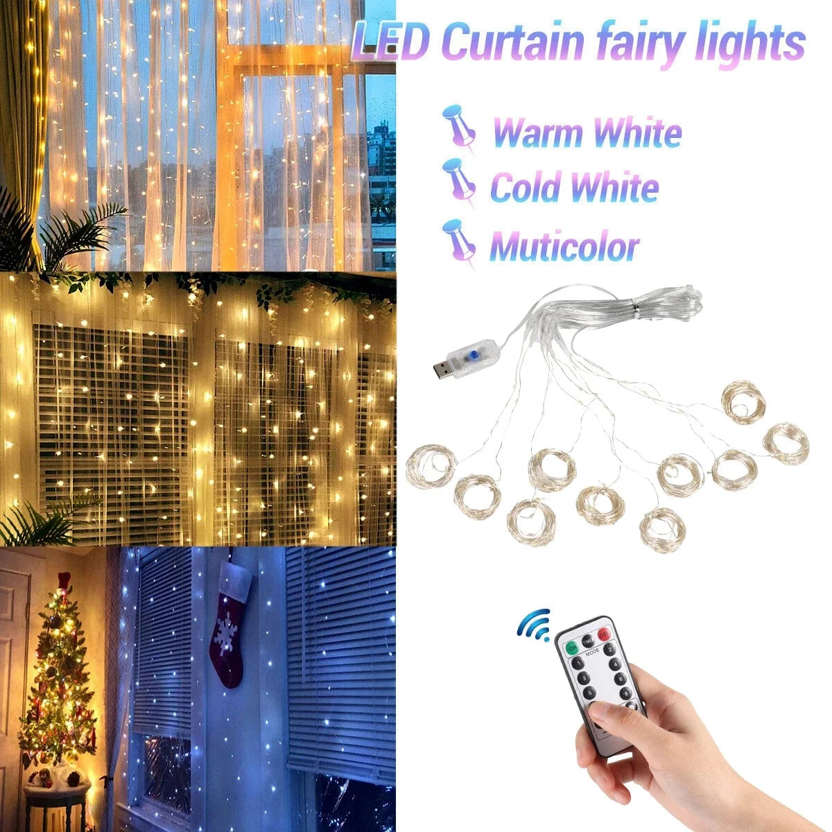 Christmas & New Year 2024 LED Curtain Lights | Garland for Home & Tree Decorations