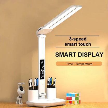 LED Desk Lamp with Clock | USB Rechargeable, Dimmable, Dual-Head Foldable Light