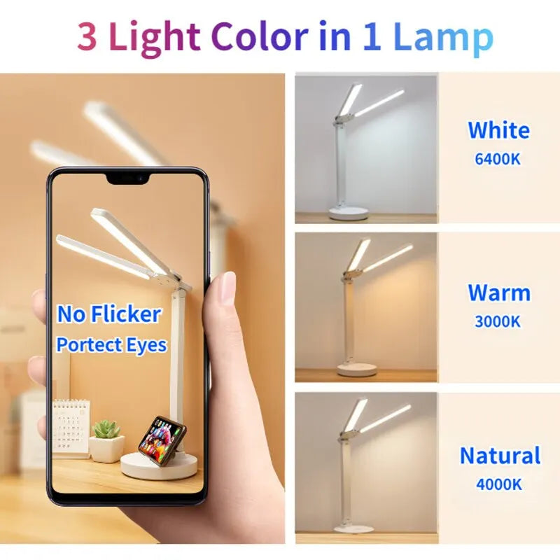 LED Desk Lamp with Clock | USB Rechargeable, Dimmable, Dual-Head Foldable Light