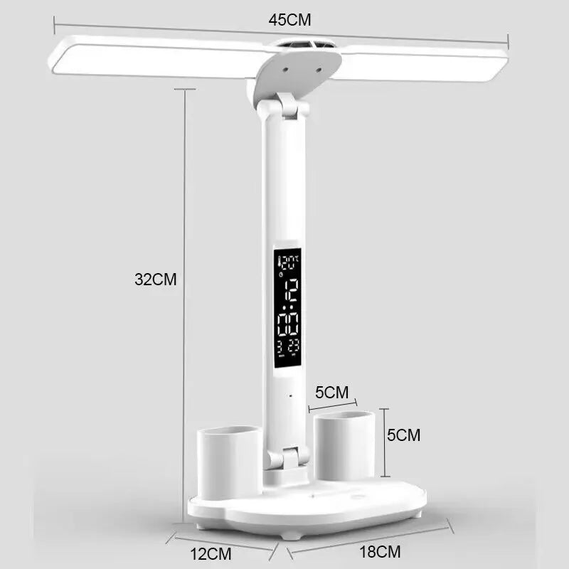 LED Desk Lamp with Clock | USB Rechargeable, Dimmable, Dual-Head Foldable Light